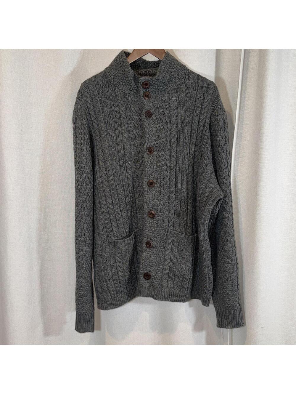 Mens Grey Cable Knit Cardigan Sweater XXL Wool Chunky Fisherman Academia Grandpa